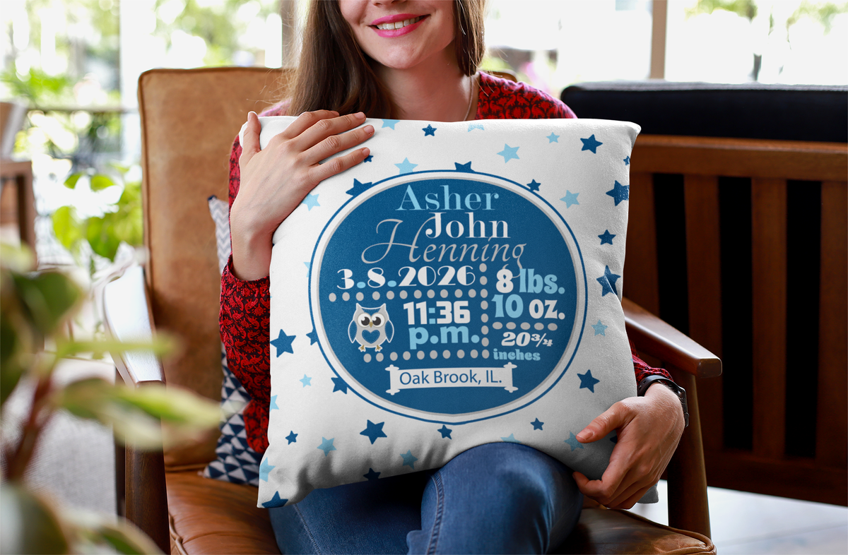 Personalized Baby Boy Birth Stats Pillow, Owl