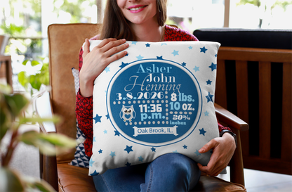 Personalized Baby Boy Birth Stats Pillow, Owl