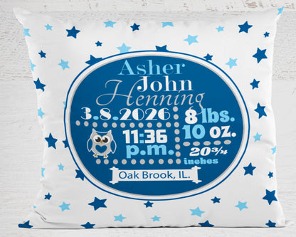 Personalized Baby Boy Birth Stats Pillow, Owl