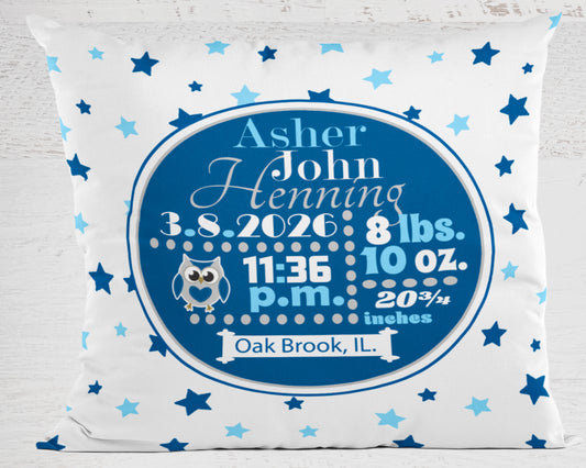 Personalized Baby Boy Birth Stats Pillow, Owl