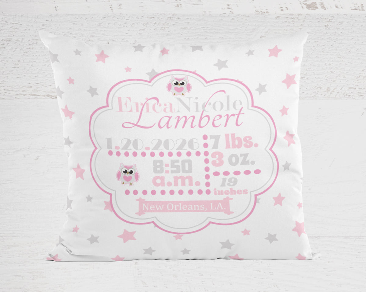 Personalized Baby Girl Birth Stats Pillow, Owl