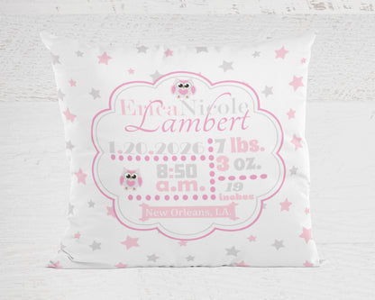 Personalized Baby Girl Birth Stats Pillow, Owl