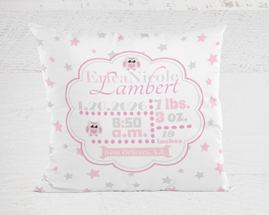 Personalized Baby Girl Birth Stats Pillow, Owl