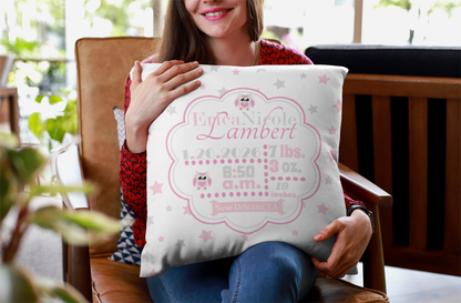 Personalized Baby Girl Birth Stats Pillow, Owl