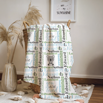 Personalized Baby Boy Blanket – Velveteen Plush Koala Design