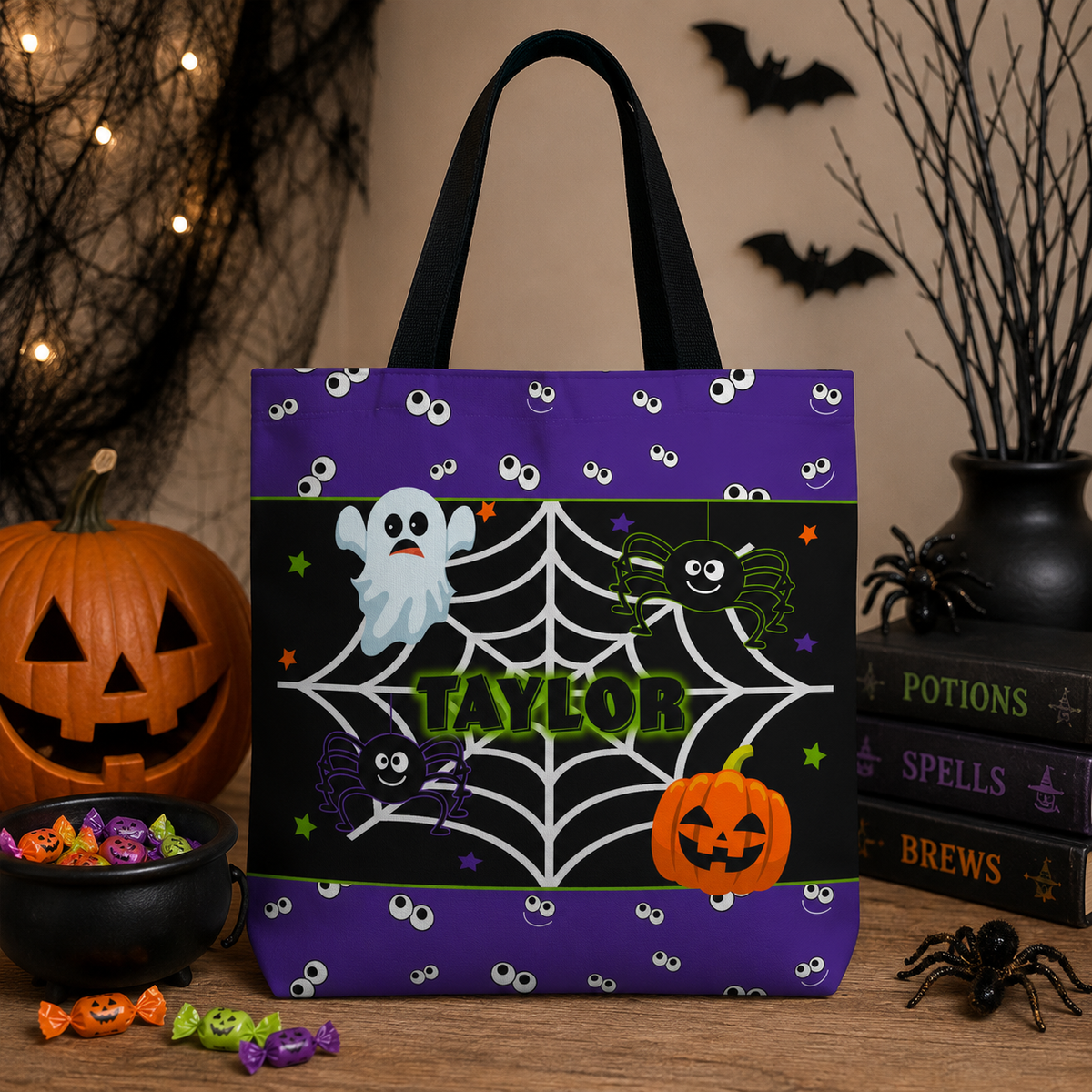 A Halloween-themed tote bag with black handles, featuring a purple top and bottom border with white cartoon eyes, and a black center with a white spiderweb, a white ghost, a green spider, a jack-o'-lantern, and the name 'TAYLOR' in green. The bag is displayed on a wooden table surrounded by Halloween props including a pumpkin, candy bowl, books, and a black spider decoration.