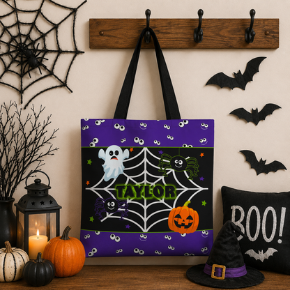 Halloween Spiderweb Tote — Personalized Ghost & Pumpkin Trick-or-Treat Bag