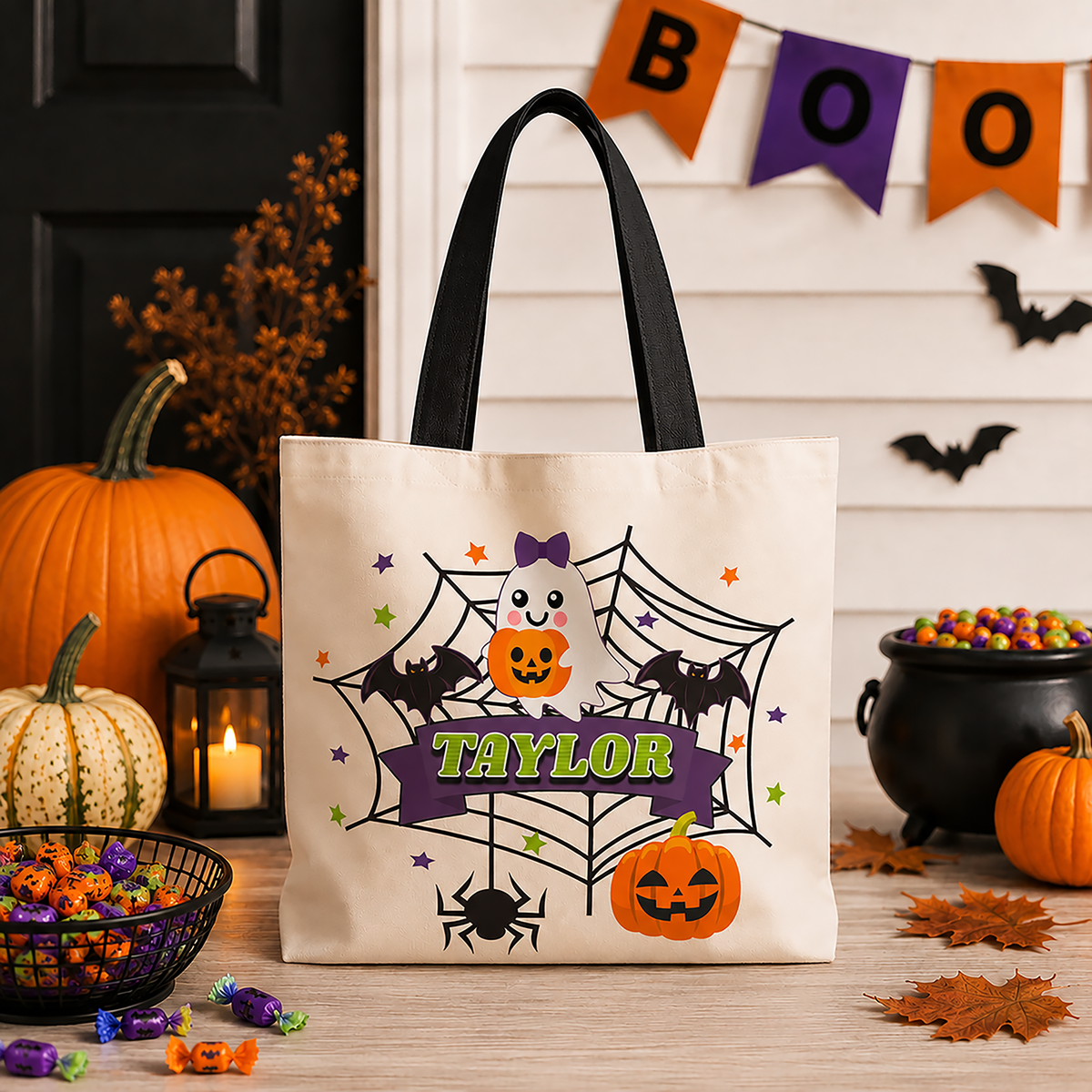 Personalized Halloween Tote — Cute Ghost & Pumpkins Trick-or-Treat Bag