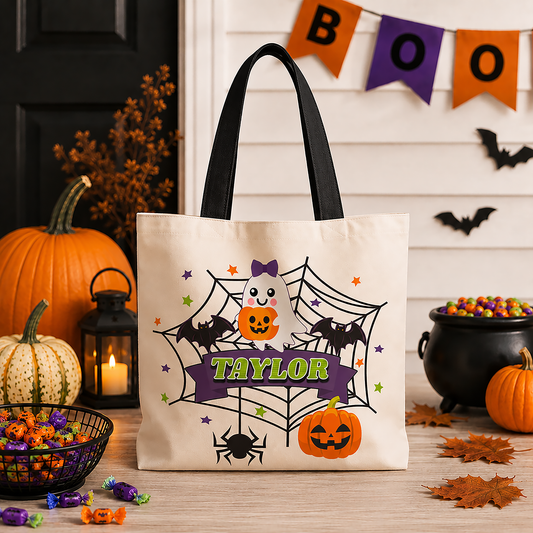 Personalized Halloween Tote — Cute Ghost & Pumpkins Trick-or-Treat Bag
