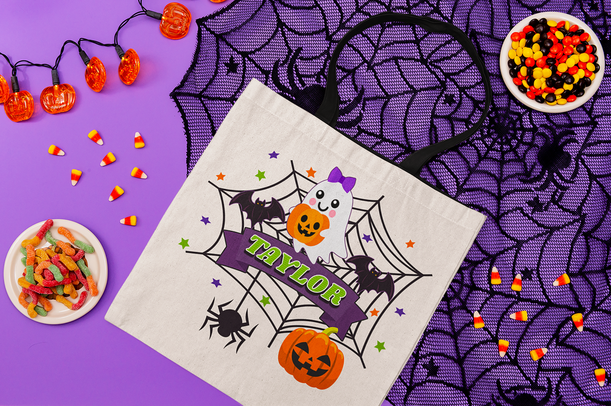 Personalized Halloween Tote — Cute Ghost & Pumpkins Trick-or-Treat Bag