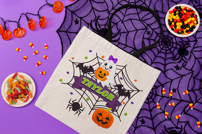Personalized Halloween Tote — Cute Ghost & Pumpkins Trick-or-Treat Bag