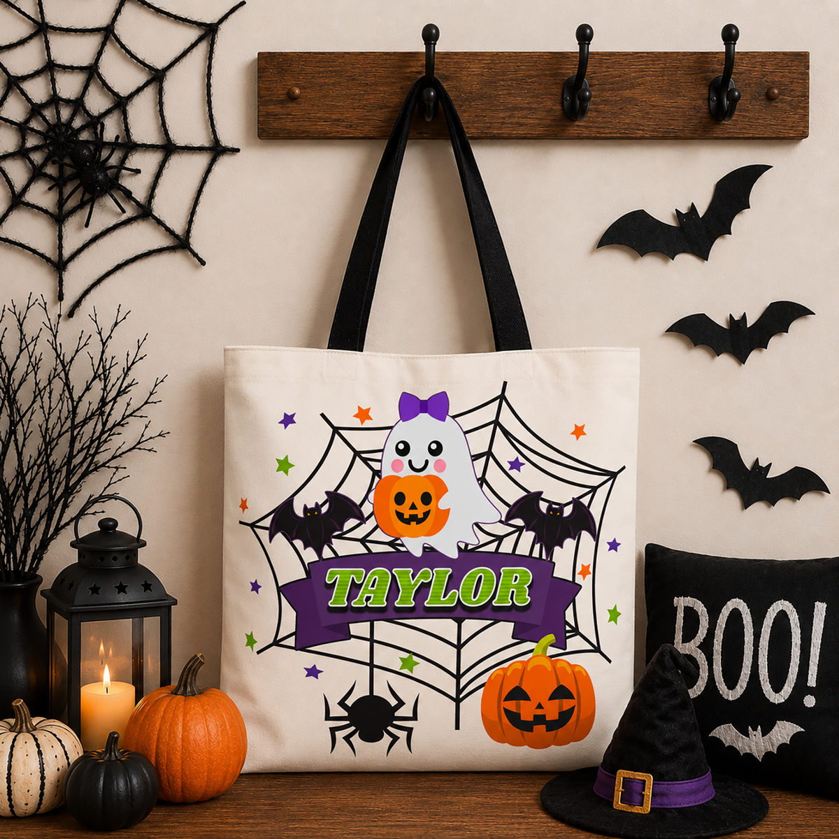 Personalized Halloween Tote — Cute Ghost & Pumpkins Trick-or-Treat Bag