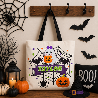 Personalized Halloween Tote — Cute Ghost & Pumpkins Trick-or-Treat Bag