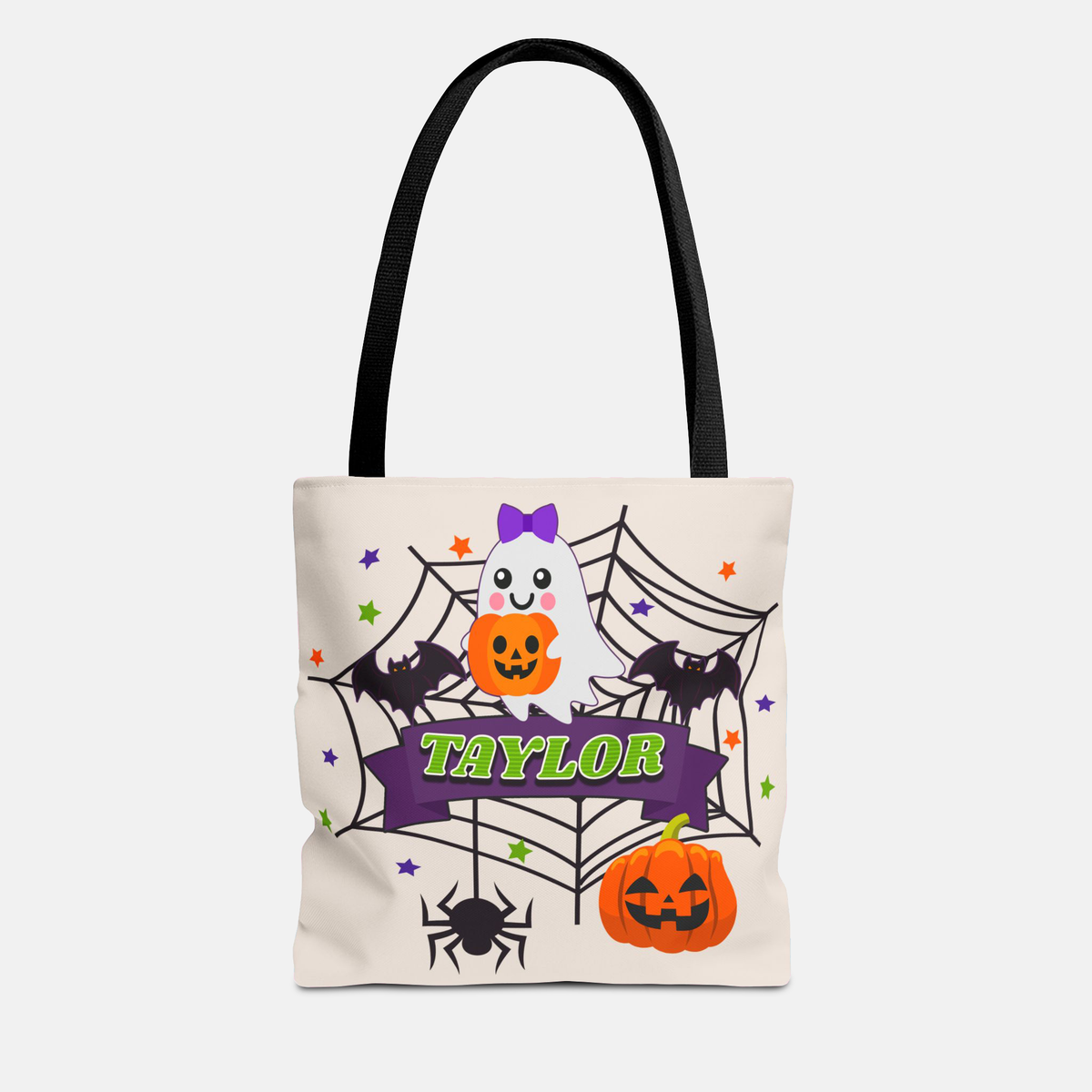 Personalized Halloween Tote — Cute Ghost & Pumpkins Trick-or-Treat Bag