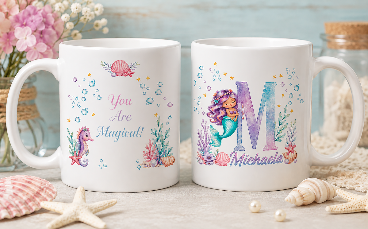 Two white ceramic mugs with colorful mermaid-themed designs, displayed on a light surface with seashells and floral props. One mug reads 'You Are Magical!' with a seahorse and coral illustration, and the other shows a large letter M, a mermaid, bubbles, and the name 'Michaela'.