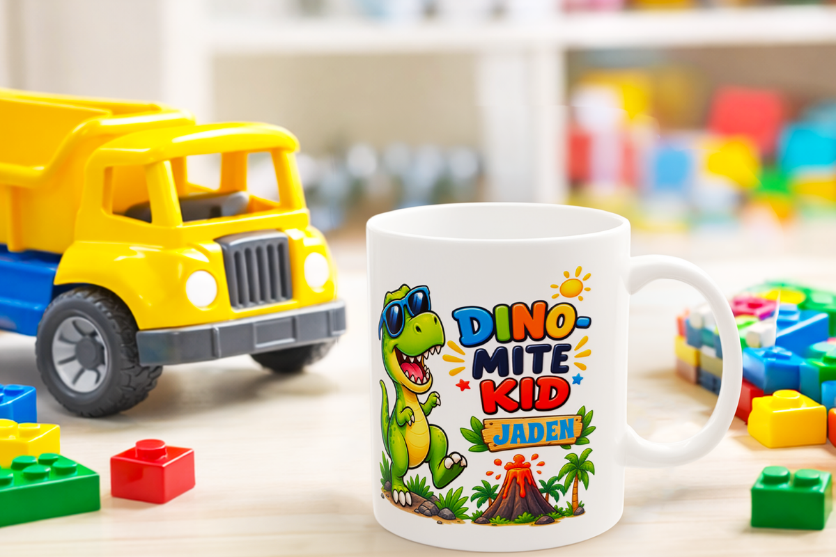 A white ceramic mug with a colorful dinosaur-themed print reading 'DINO-MITE KID JADEN', styled on a tabletop with toy blocks and a yellow toy truck in a blurred playroom background.