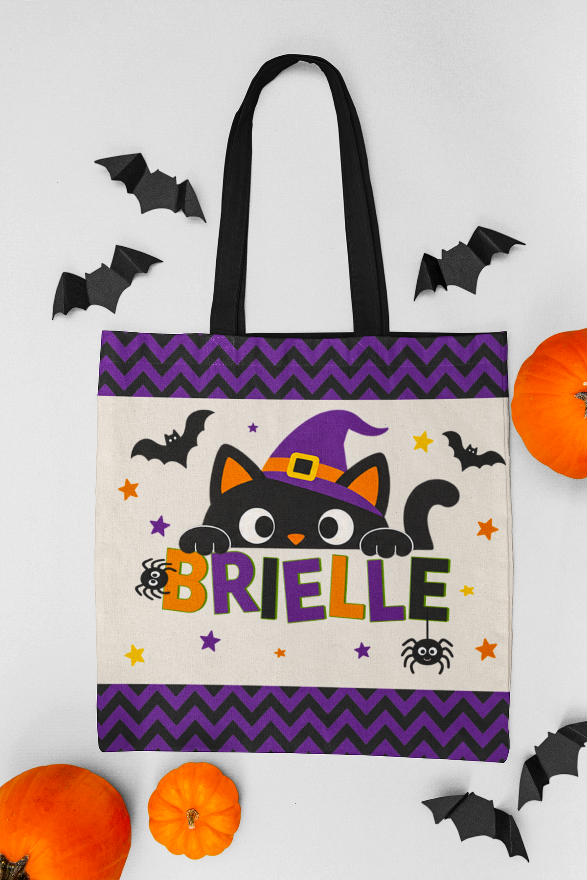 Personalized Halloween Cat Tote Bag — Custom Name Trick-or-Treat Bag
