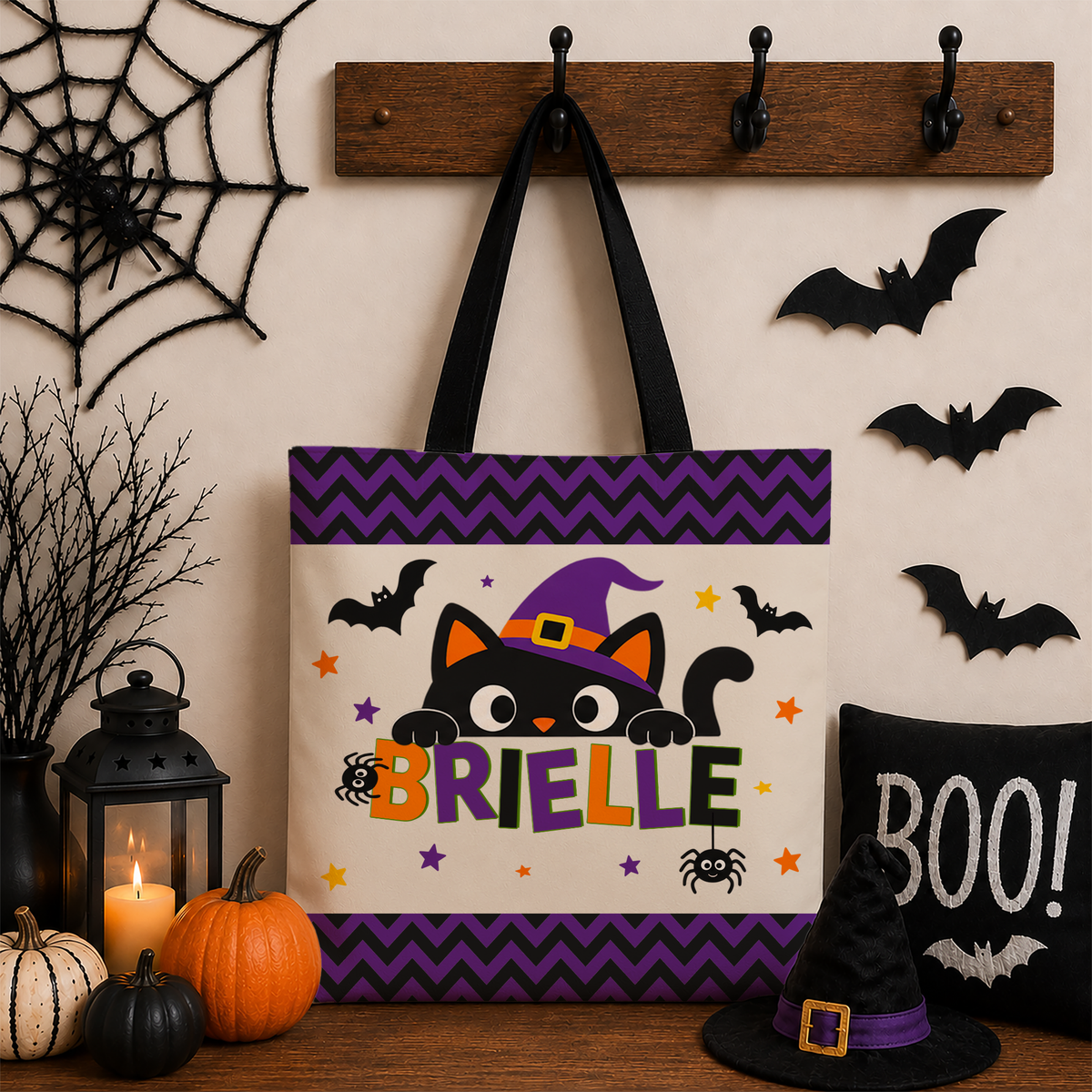Personalized Halloween Cat Tote Bag — Custom Name Trick-or-Treat Bag