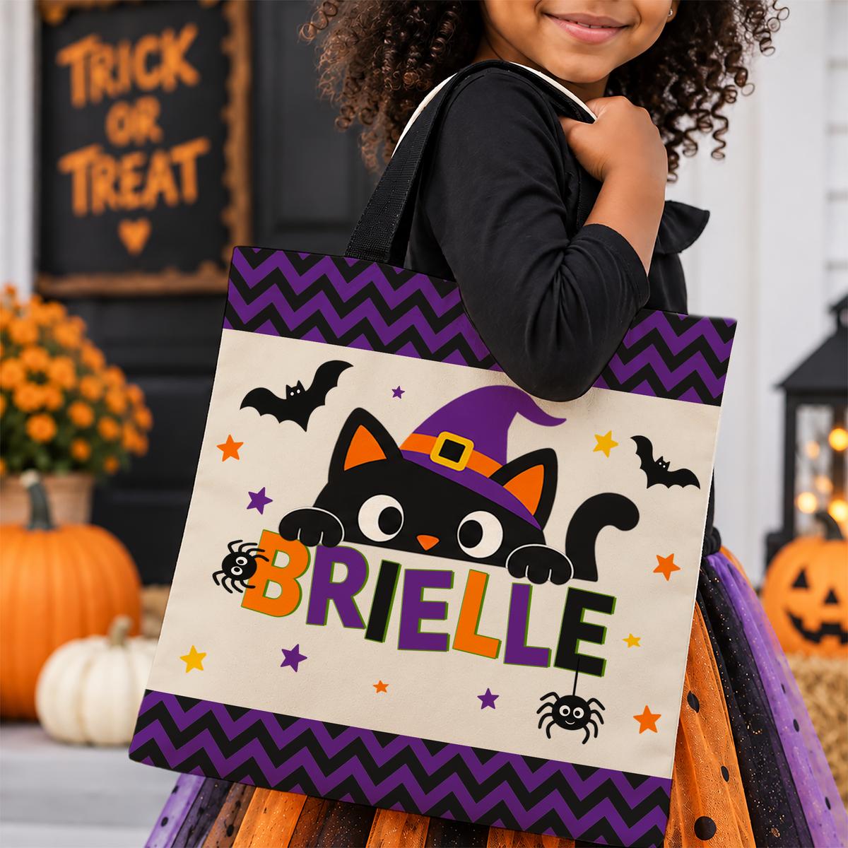 Personalized Halloween Cat Tote Bag — Custom Name Trick-or-Treat Bag
