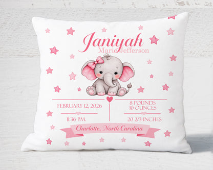 Baby Birth Stats Pillow — Pink Watercolor Bear Personalized Birth Announcement