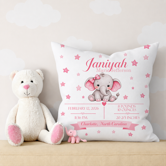 Baby Birth Stats Pillow — Pink Watercolor Elephant Personalized Birth Announcement