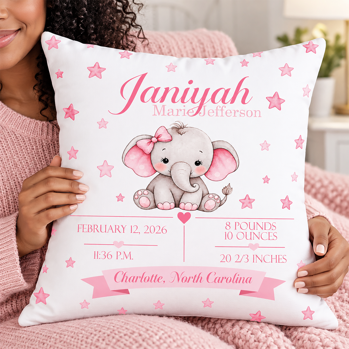 Baby Birth Stats Pillow — Pink Watercolor Bear Personalized Birth Announcement