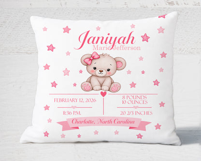 Baby Birth Stats Pillow — Pink Watercolor Bear Personalized Birth Announcement