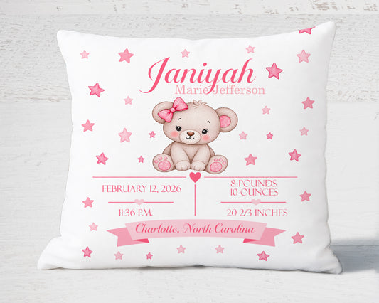 Baby Birth Stats Pillow — Pink Watercolor Bear Personalized Birth Announcement