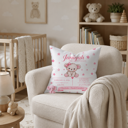 Baby Birth Stats Pillow — Pink Watercolor Bear Personalized Birth Announcement