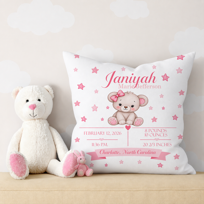 Baby Birth Stats Pillow — Pink Watercolor Bear Personalized Birth Announcement