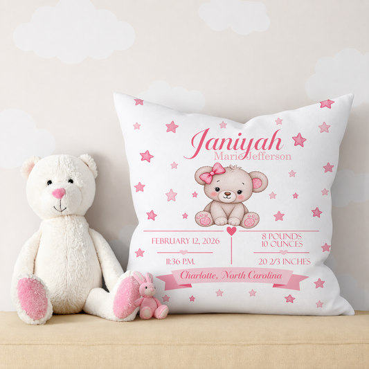 Baby Birth Stats Pillow — Pink Watercolor Bear Personalized Birth Announcement