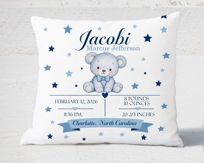 Baby Birth Stats Pillow — Blue Watercolor Elephant Personalized Birth Announcement