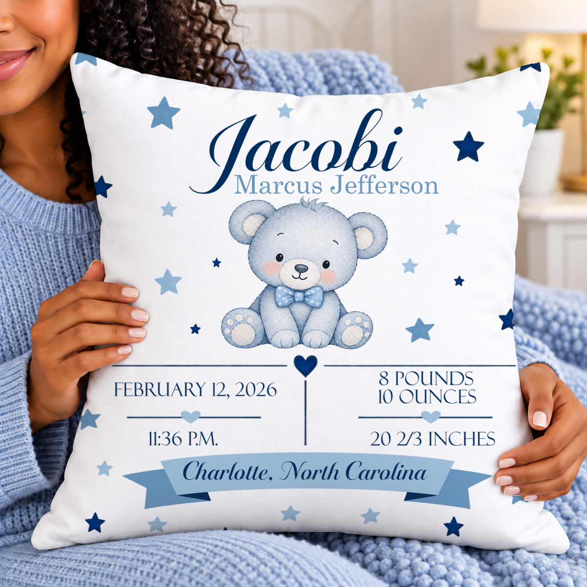 Baby Birth Stats Pillow — Blue Watercolor Elephant Personalized Birth Announcement