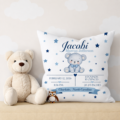 Baby Birth Stats Pillow — Blue Watercolor Bear Personalized Birth Announcement