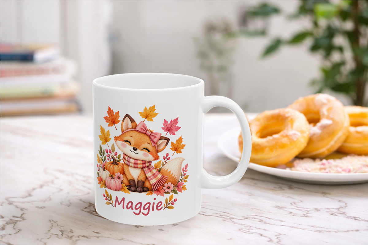 Fall Fox Mug for Kids, Custom Name Autumn Leaves Cup