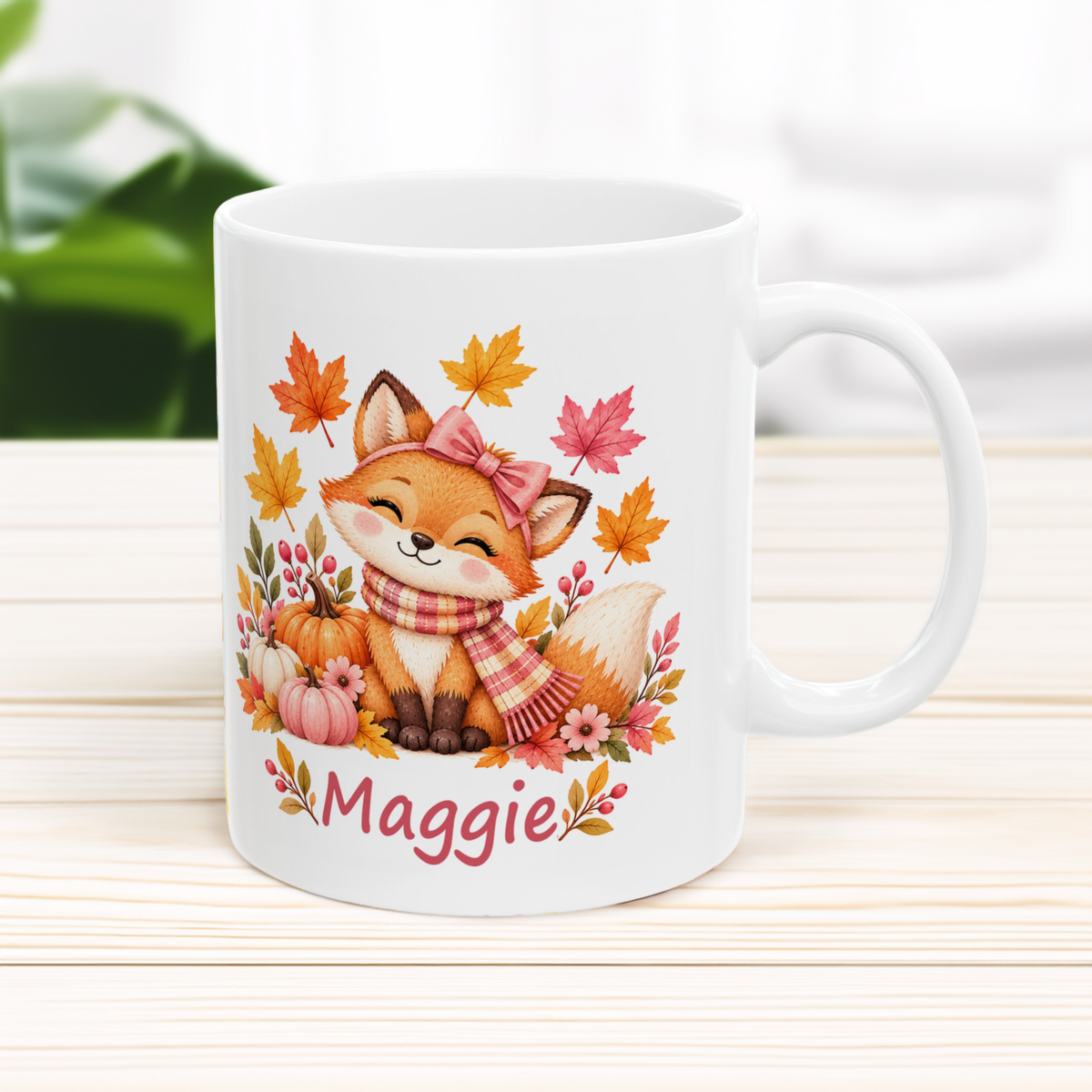 Fall Fox Mug for Kids, Custom Name Autumn Leaves Cup