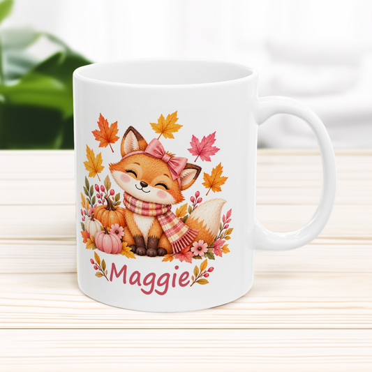 Fall Fox Mug for Kids, Custom Name Autumn Leaves Cup