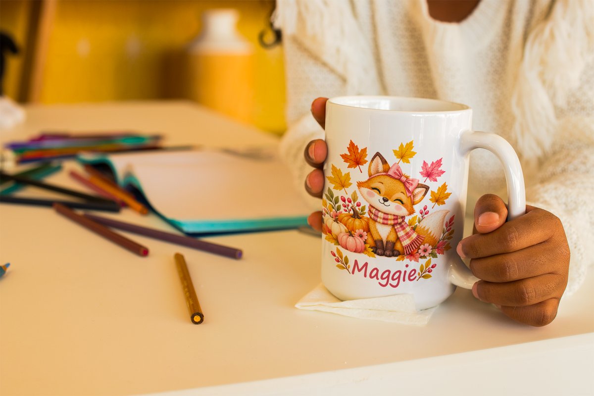 Fall Fox Mug for Kids, Custom Name Autumn Leaves Cup