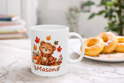 Personalized Fall Bear Mug for Kids – Custom Name Autumn Leaves Mug