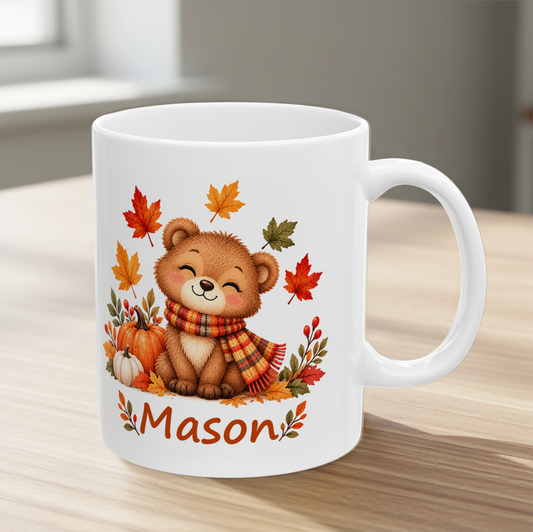 Personalized Fall Bear Mug for Kids – Custom Name Autumn Leaves Mug
