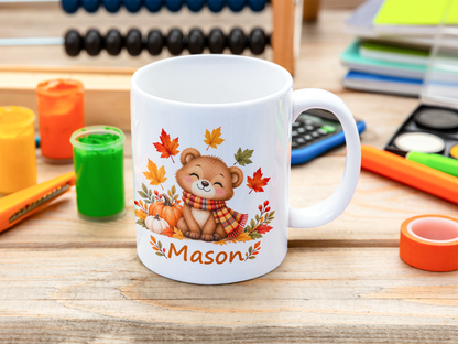 Personalized Fall Bear Mug for Kids – Custom Name Autumn Leaves Mug