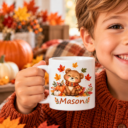 Personalized Fall Bear Mug for Kids – Custom Name Autumn Leaves Mug