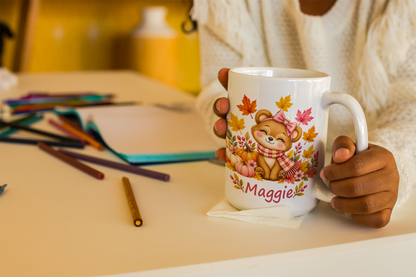 Custom Name Autumn Leaves Mug – Personalized Fall Bear Mug for Kids