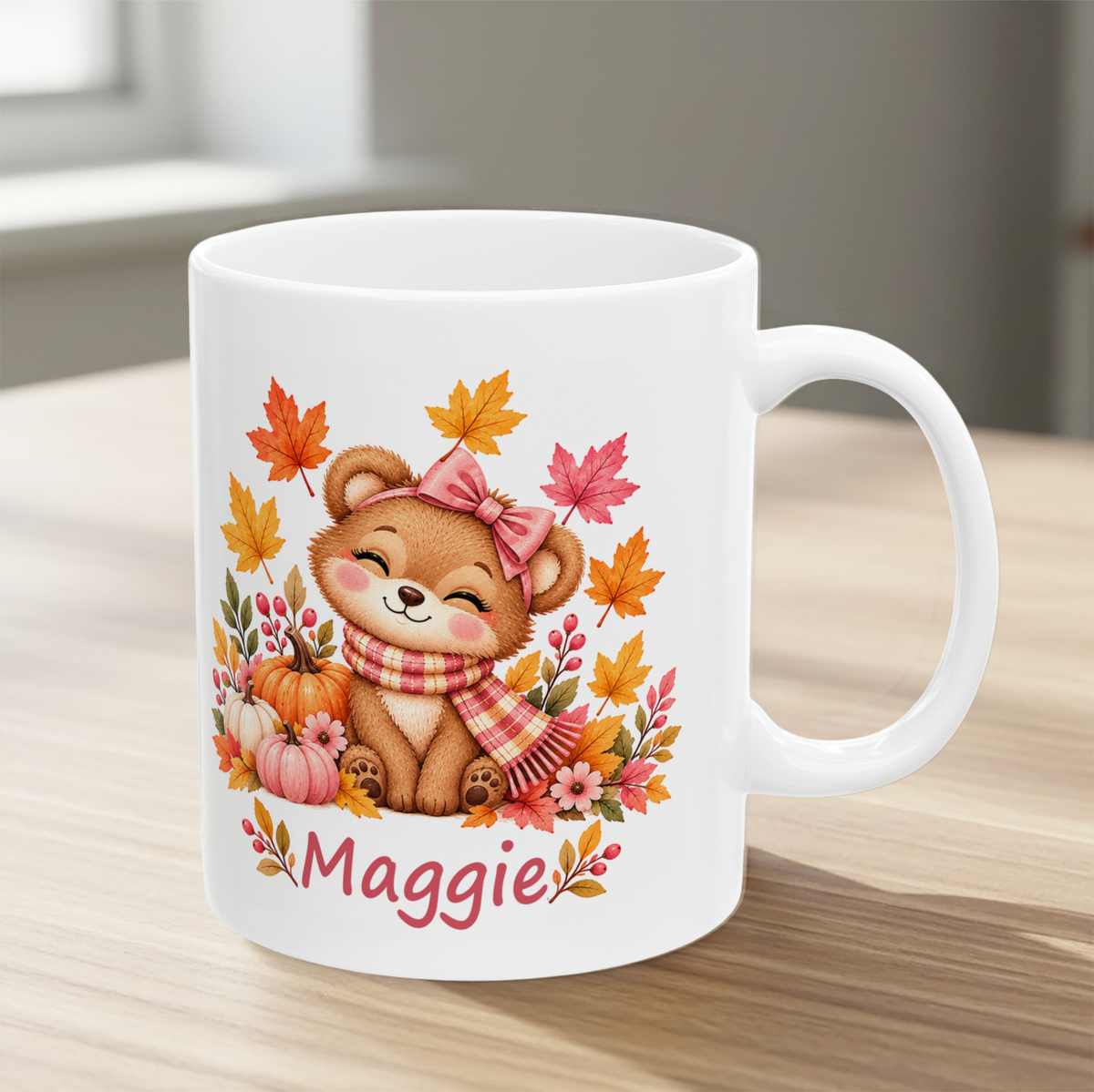 Custom Name Autumn Leaves Mug – Personalized Fall Bear Mug for Kids