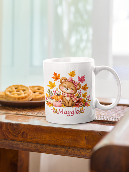 Custom Name Autumn Leaves Mug – Personalized Fall Bear Mug for Kids