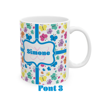 White mug with colorful butterfly pattern 