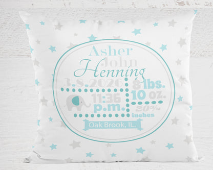 Personalized Baby Boy Birth Stats Pillow, Elephant