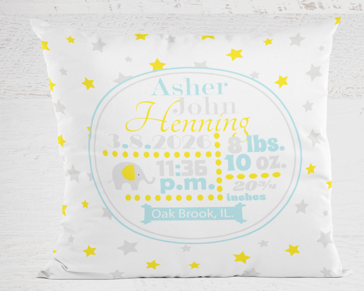 Personalized Baby Boy Birth Stats Pillow, Elephant