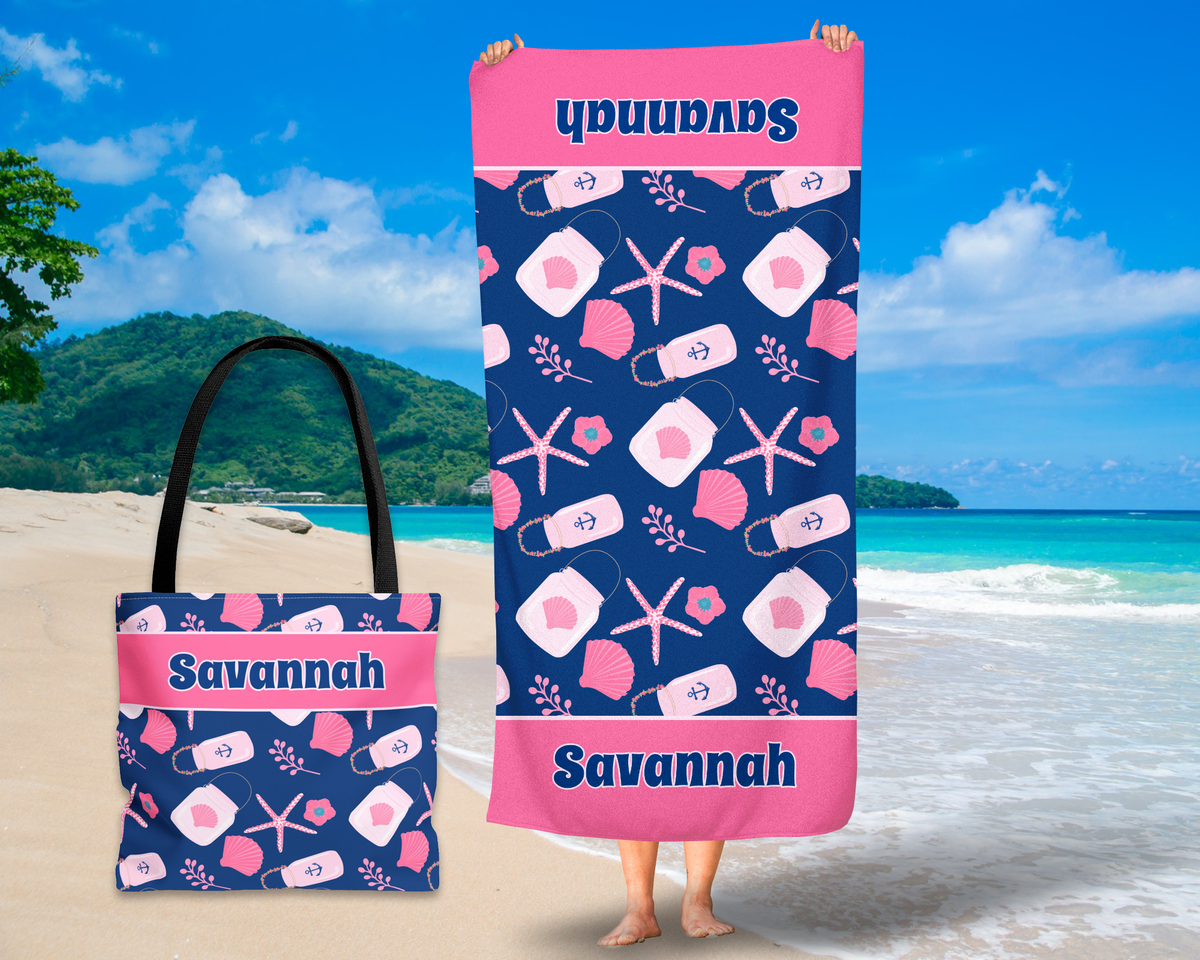 Nautical Towel & Tote Bag Bundle, Pink & Navy Seashells