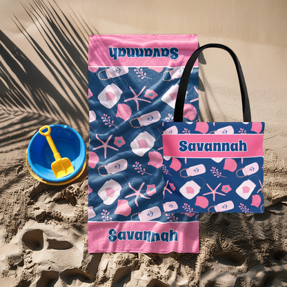 Nautical Towel & Tote Bag Bundle, Pink & Navy Seashells